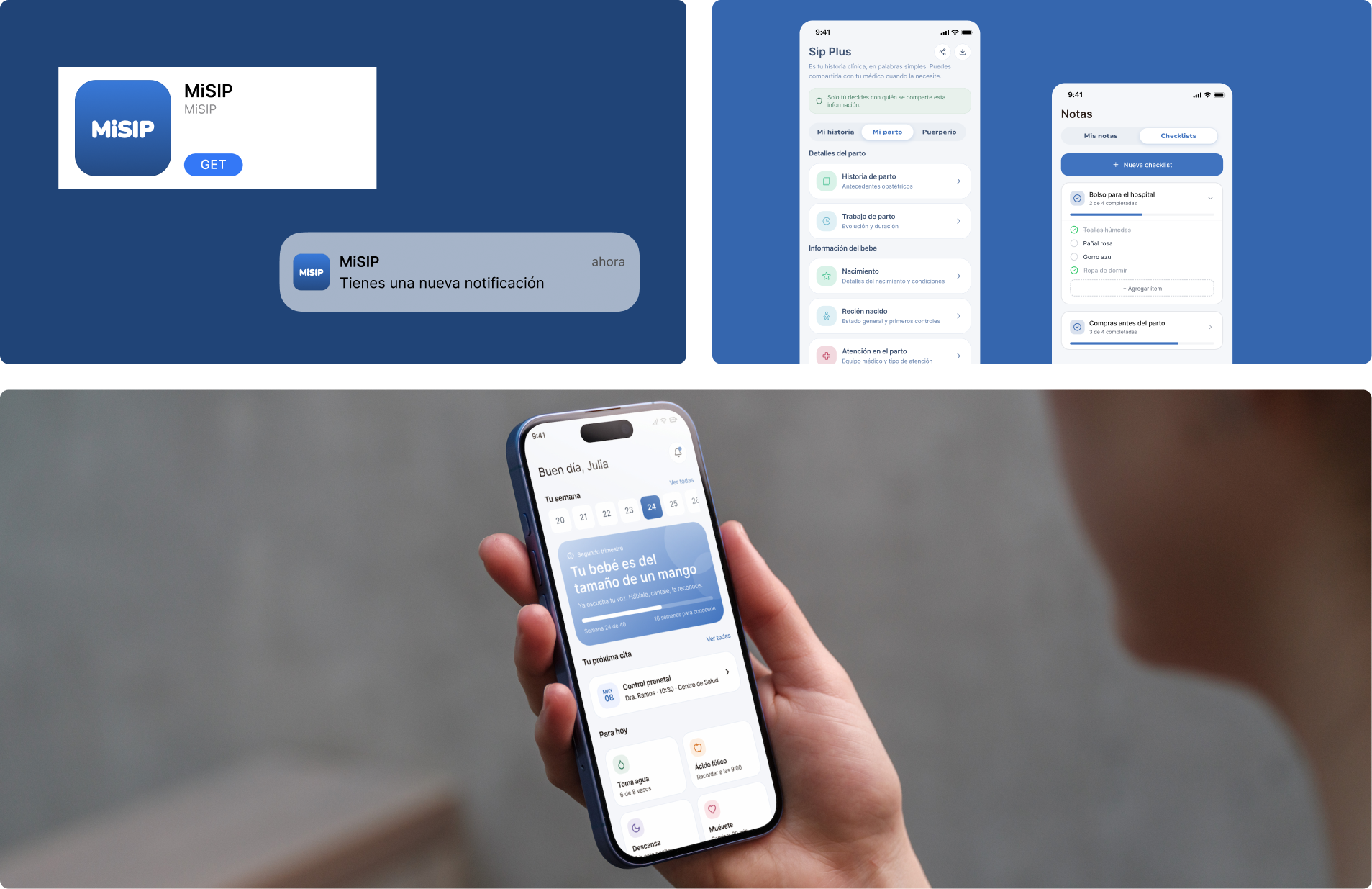 MiSIP app overview showing home screen, clinical card, notes, and push notification